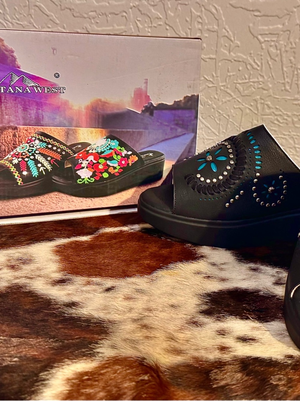 Montana West Black Embellished Slide Mules with Turquoise Accents